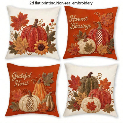 4pcs Autumn Harvest Pumpkin & Sunflower Throw Pillow Covers, Thanksgiving American Autumn Pumpkin & Maple Leaf Print Pattern, Single-Sided 2D Flat Print, Not 3D Realistic Embroidery, 45x45cm (18x18in)