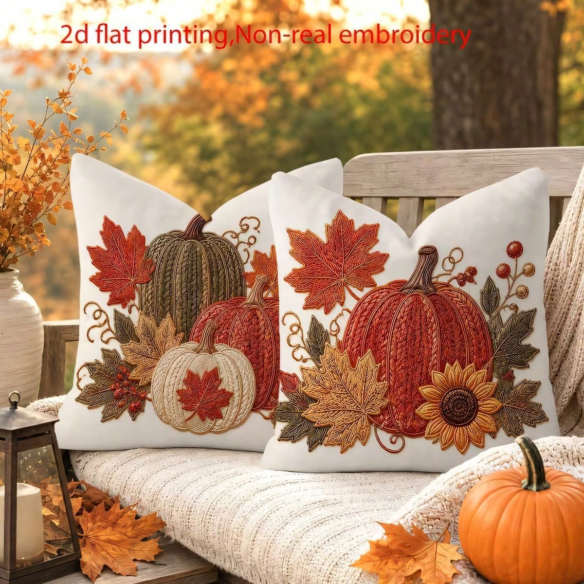 4pcs Autumn Harvest Pumpkin & Sunflower Throw Pillow Covers, Thanksgiving American Autumn Pumpkin & Maple Leaf Print Pattern, Single-Sided 2D Flat Print, Not 3D Realistic Embroidery, 45x45cm (18x18in)