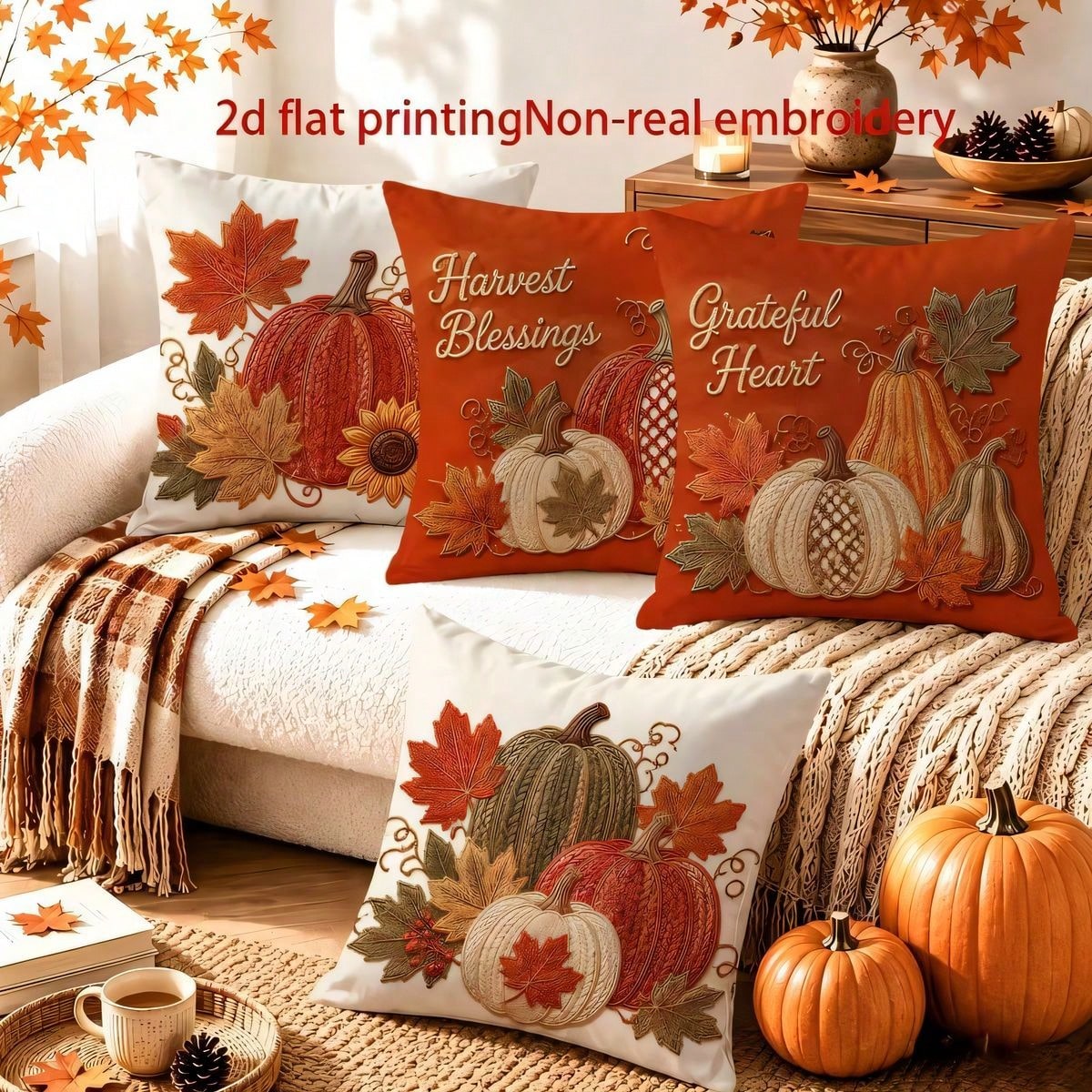4pcs Autumn Harvest Pumpkin & Sunflower Throw Pillow Covers, Thanksgiving American Autumn Pumpkin & Maple Leaf Print Pattern, Single-Sided 2D Flat Print, Not 3D Realistic Embroidery, 45x45cm (18x18in)