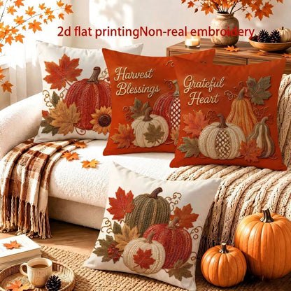 4pcs Autumn Harvest Pumpkin & Sunflower Throw Pillow Covers, Thanksgiving American Autumn Pumpkin & Maple Leaf Print Pattern, Single-Sided 2D Flat Print, Not 3D Realistic Embroidery, 45x45cm (18x18in)
