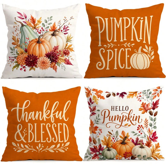 4pcs Autumn Pumpkin Thanksgiving Blessing Pattern Pillow Covers Without Inserts, Single-Sided Printed Pillow Covers, Suitable For Living Room Bedroom Home Decor, All-Season Pillow Covers