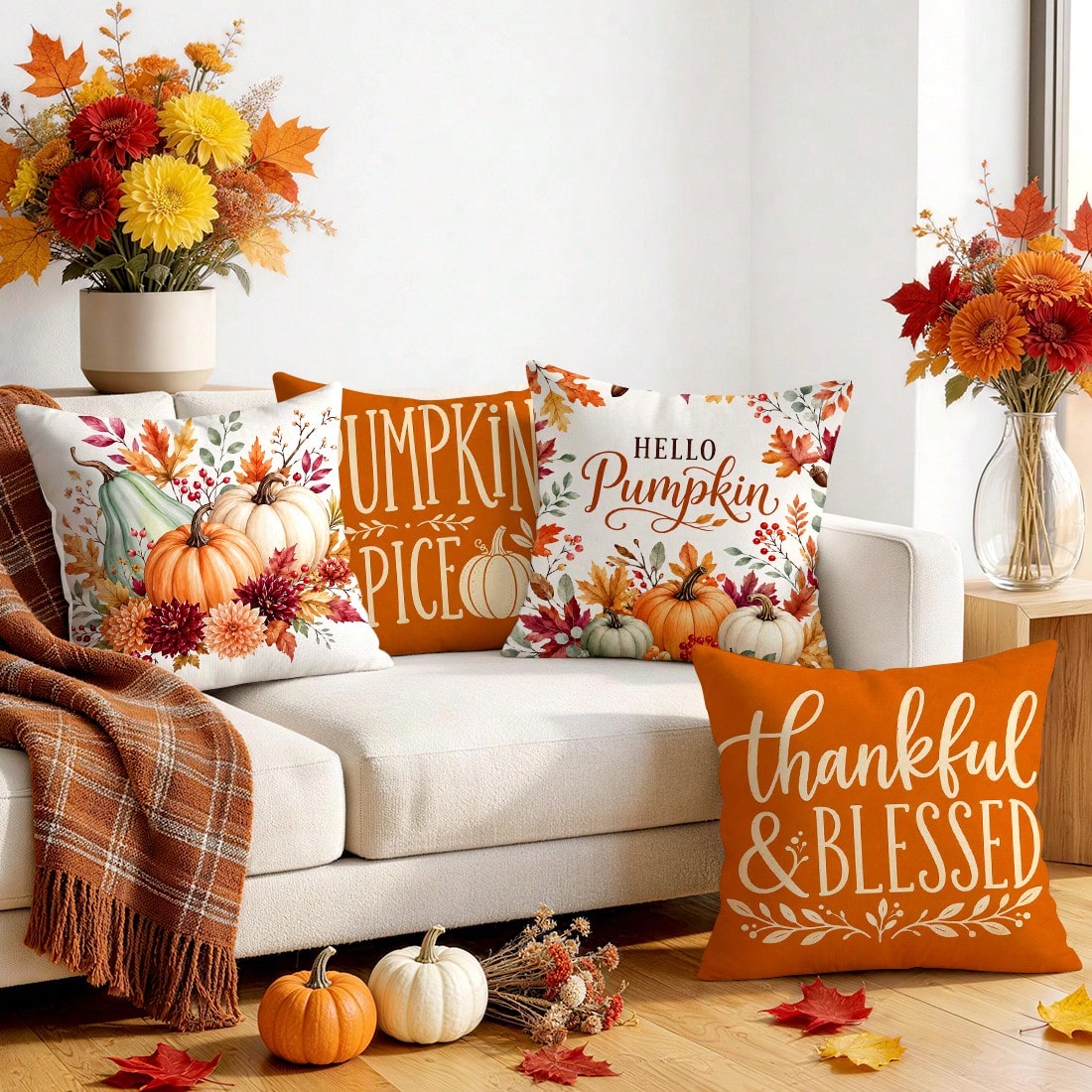 4pcs Autumn Pumpkin Thanksgiving Blessing Pattern Pillow Covers Without Inserts, Single-Sided Printed Pillow Covers, Suitable For Living Room Bedroom Home Decor, All-Season Pillow Covers