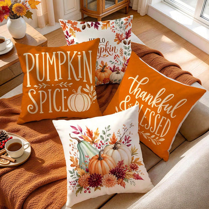 4pcs Autumn Pumpkin Thanksgiving Blessing Pattern Pillow Covers Without Inserts, Single-Sided Printed Pillow Covers, Suitable For Living Room Bedroom Home Decor, All-Season Pillow Covers