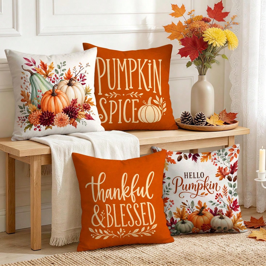 4pcs Autumn Pumpkin Thanksgiving Blessing Pattern Pillow Covers Without Inserts, Single-Sided Printed Pillow Covers, Suitable For Living Room Bedroom Home Decor, All-Season Pillow Covers