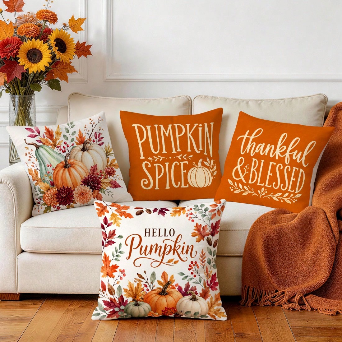 4pcs Autumn Pumpkin Thanksgiving Blessing Pattern Pillow Covers Without Inserts, Single-Sided Printed Pillow Covers, Suitable For Living Room Bedroom Home Decor, All-Season Pillow Covers