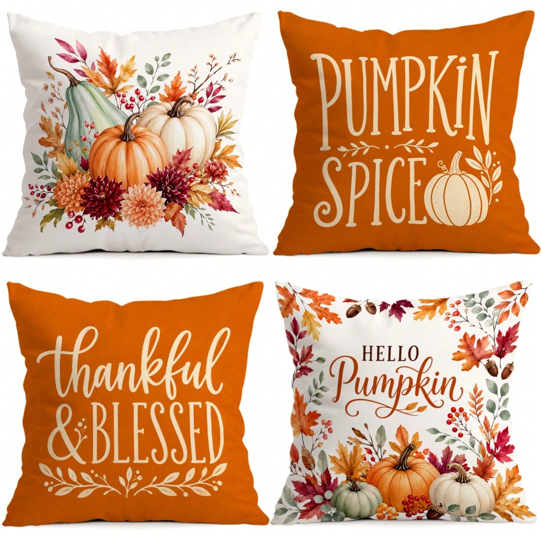 4pcs Autumn Pumpkin Thanksgiving Blessing Pattern Pillow Covers Without Inserts, Single-Sided Printed Pillow Covers, Suitable For Living Room Bedroom Home Decor, All-Season Pillow Covers