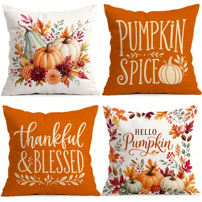 4pcs Autumn Pumpkin Thanksgiving Blessing Pattern Pillow Covers Without Inserts, Single-Sided Printed Pillow Covers, Suitable For Living Room Bedroom Home Decor, All-Season Pillow Covers