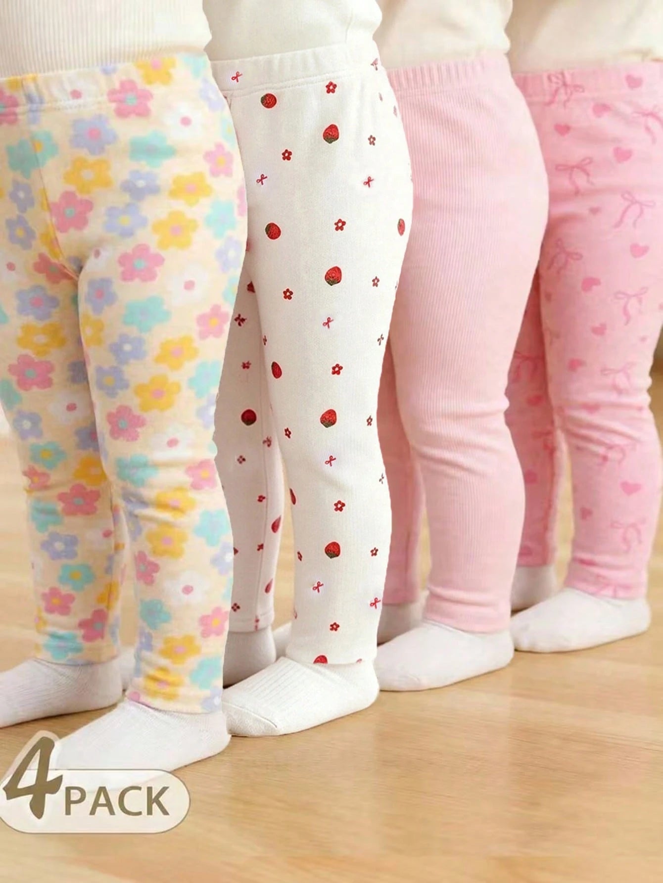 4pcs Baby Girls' Casual Everyday All-Match Rainbow, Floral & Striped Print Bottoms, Spring/Summer