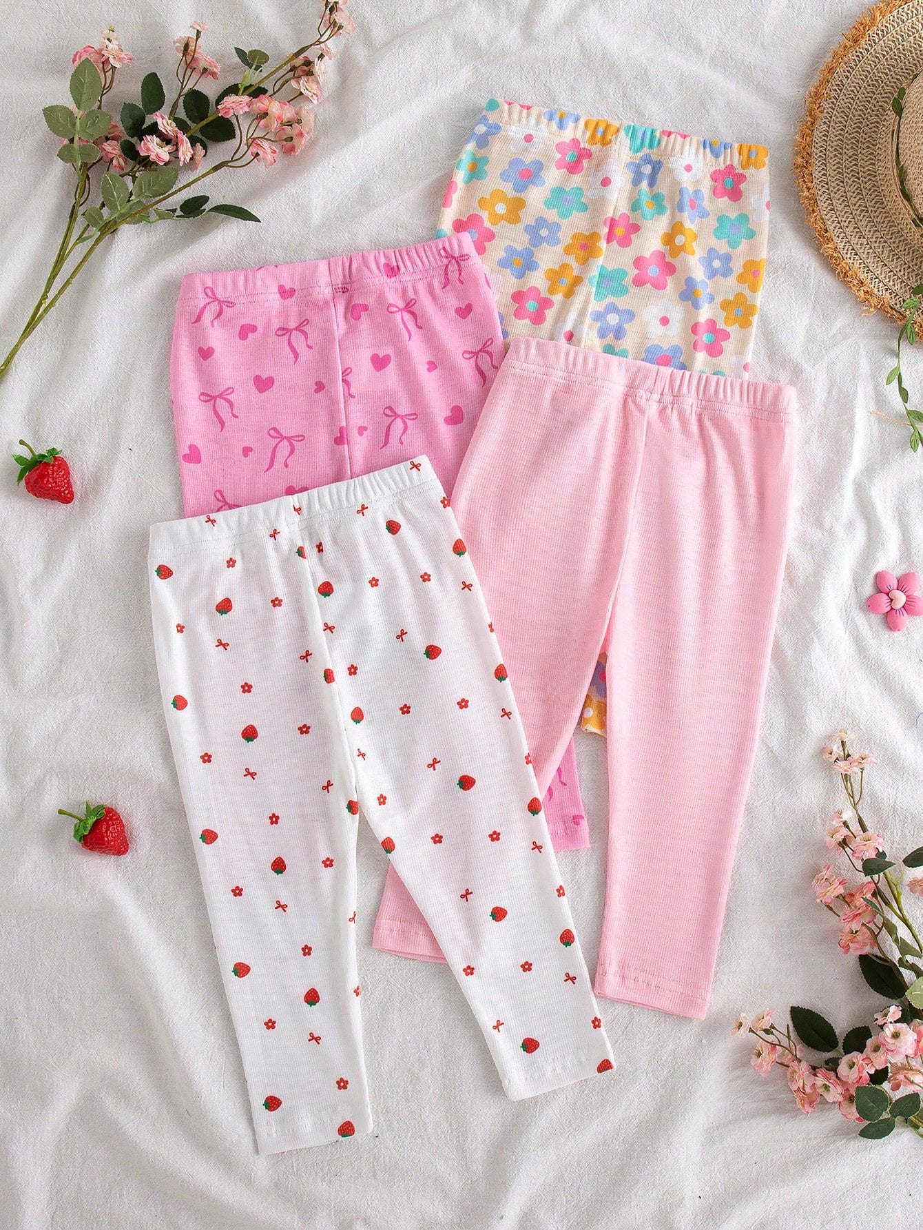 4pcs Baby Girls' Casual Everyday All-Match Rainbow, Floral & Striped Print Bottoms, Spring/Summer
