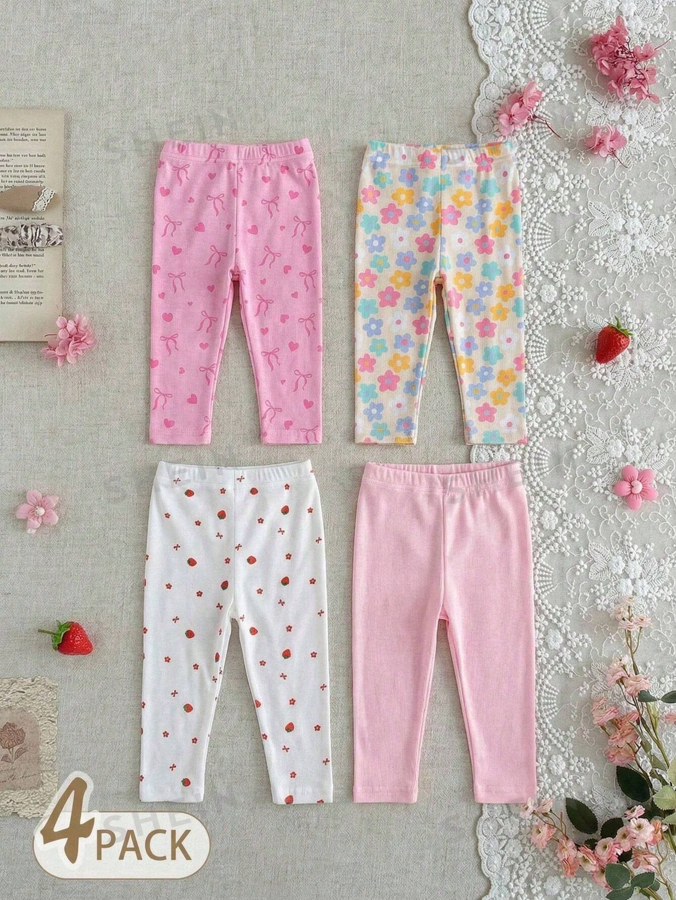 4pcs Baby Girls' Casual Everyday All-Match Rainbow, Floral & Striped Print Bottoms, Spring/Summer