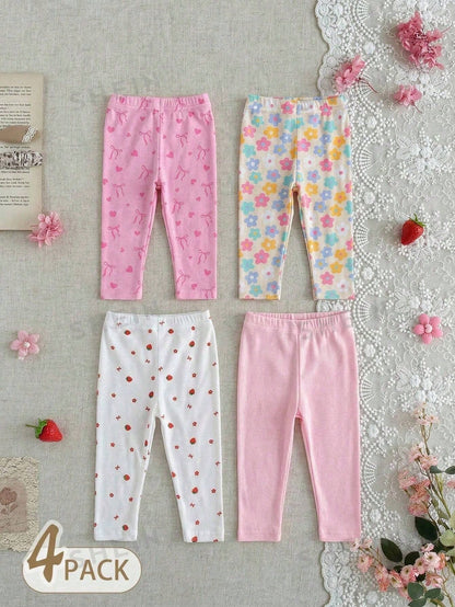 4pcs Baby Girls' Casual Everyday All-Match Rainbow, Floral & Striped Print Bottoms, Spring/Summer