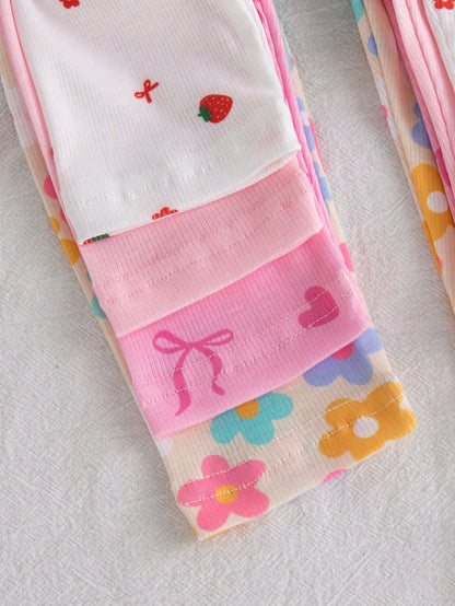 4pcs Baby Girls' Casual Everyday All-Match Rainbow, Floral & Striped Print Bottoms, Spring/Summer
