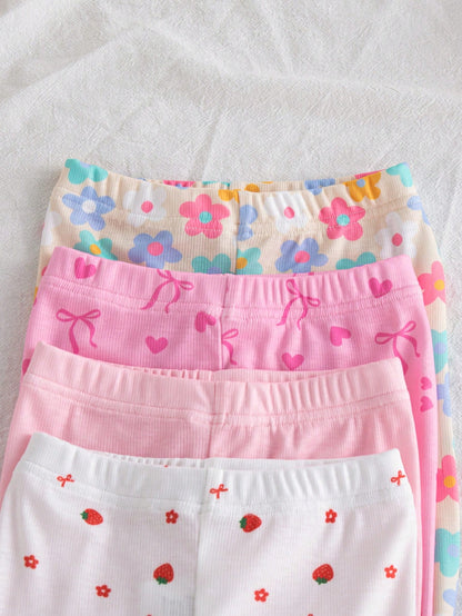 4pcs Baby Girls' Casual Everyday All-Match Rainbow, Floral & Striped Print Bottoms, Spring/Summer