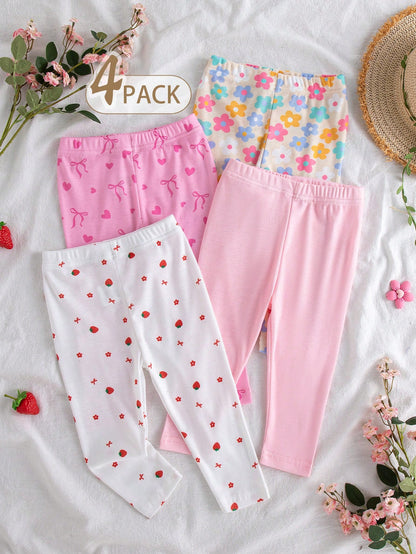4pcs Baby Girls' Casual Everyday All-Match Rainbow, Floral & Striped Print Bottoms, Spring/Summer