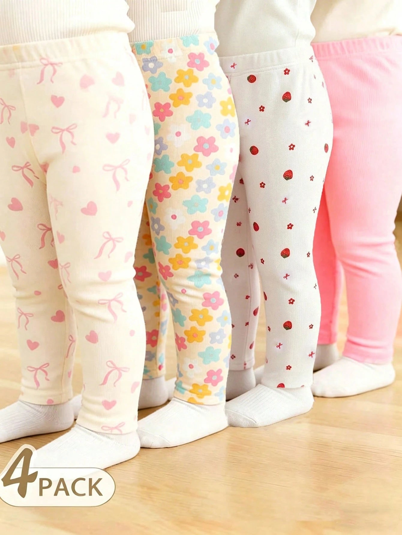 4pcs Baby Girls' Casual Everyday All-Match Rainbow, Floral & Striped Print Bottoms, Spring/Summer