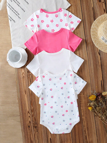 4pcs Baby Girls' Comfortable Cute Casual Bodysuit Set, Letter & Floral Print, Suitable For Spring/Summer Casual Wear