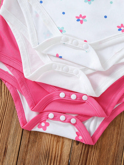 4pcs Baby Girls' Comfortable Cute Casual Bodysuit Set, Letter & Floral Print, Suitable For Spring/Summer Casual Wear