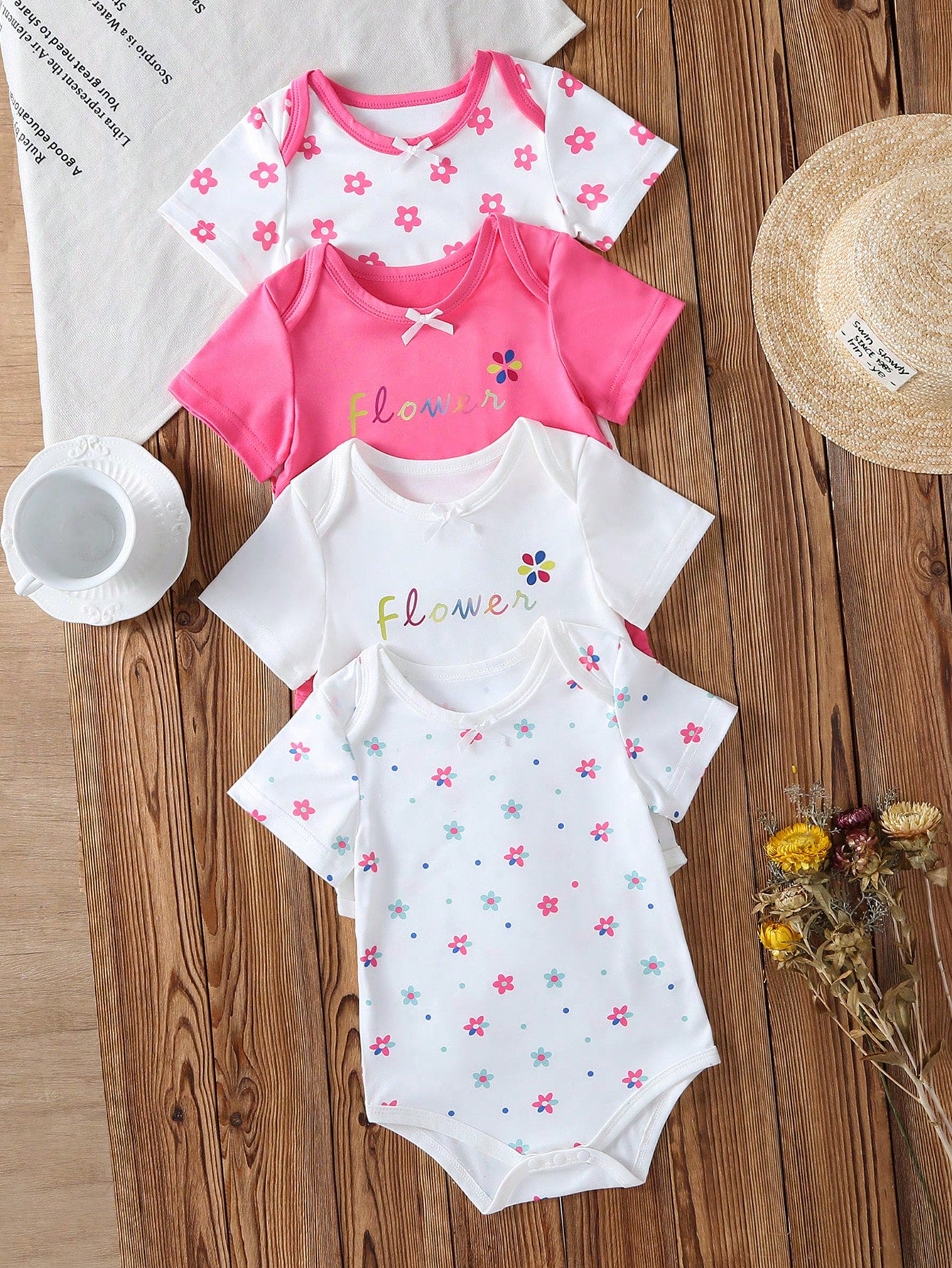 4pcs Baby Girls' Comfortable Cute Casual Bodysuit Set, Letter & Floral Print, Suitable For Spring/Summer Casual Wear