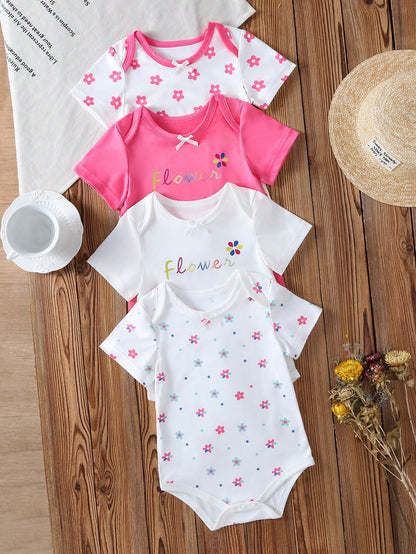 4pcs Baby Girls' Comfortable Cute Casual Bodysuit Set, Letter & Floral Print, Suitable For Spring/Summer Casual Wear