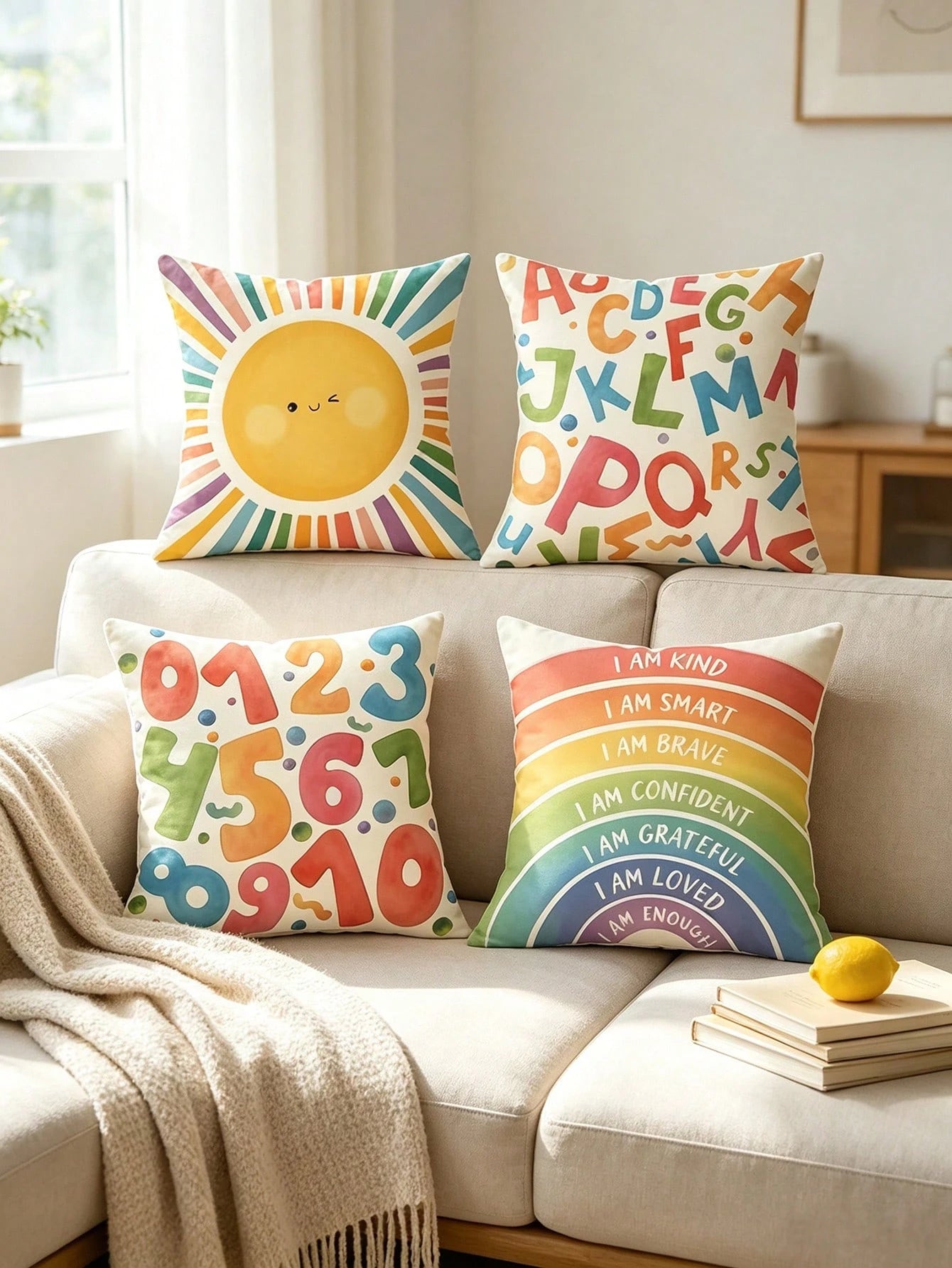 4pcs Back To School Warm Healing Cartoon Pillow Covers, Hand-Drawn Smiling Face Sun Letter Number Positive Energy Rainbow Watercolor Print Pattern, Hidden Zipper Closure, Skin-Friendly Durable Machine