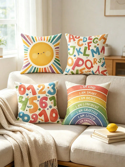 4pcs Back To School Warm Healing Cartoon Pillow Covers, Hand-Drawn Smiling Face Sun Letter Number Positive Energy Rainbow Watercolor Print Pattern, Hidden Zipper Closure, Skin-Friendly Durable Machine