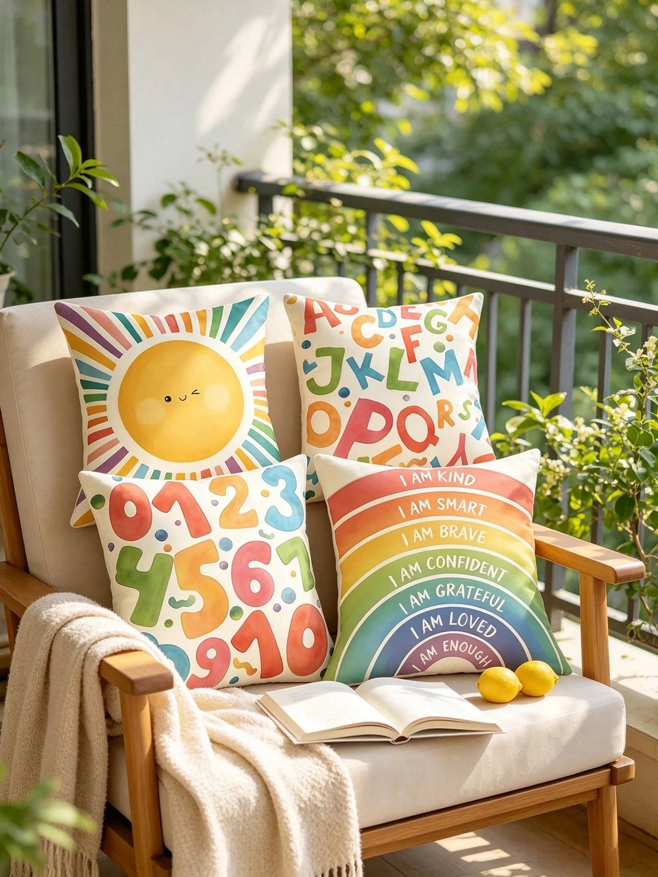 4pcs Back To School Warm Healing Cartoon Pillow Covers, Hand-Drawn Smiling Face Sun Letter Number Positive Energy Rainbow Watercolor Print Pattern, Hidden Zipper Closure, Skin-Friendly Durable Machine