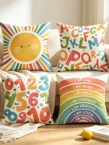 4pcs Back To School Warm Healing Cartoon Pillow Covers, Hand-Drawn Smiling Face Sun Letter Number Positive Energy Rainbow Watercolor Print Pattern, Hidden Zipper Closure, Skin-Friendly Durable Machine