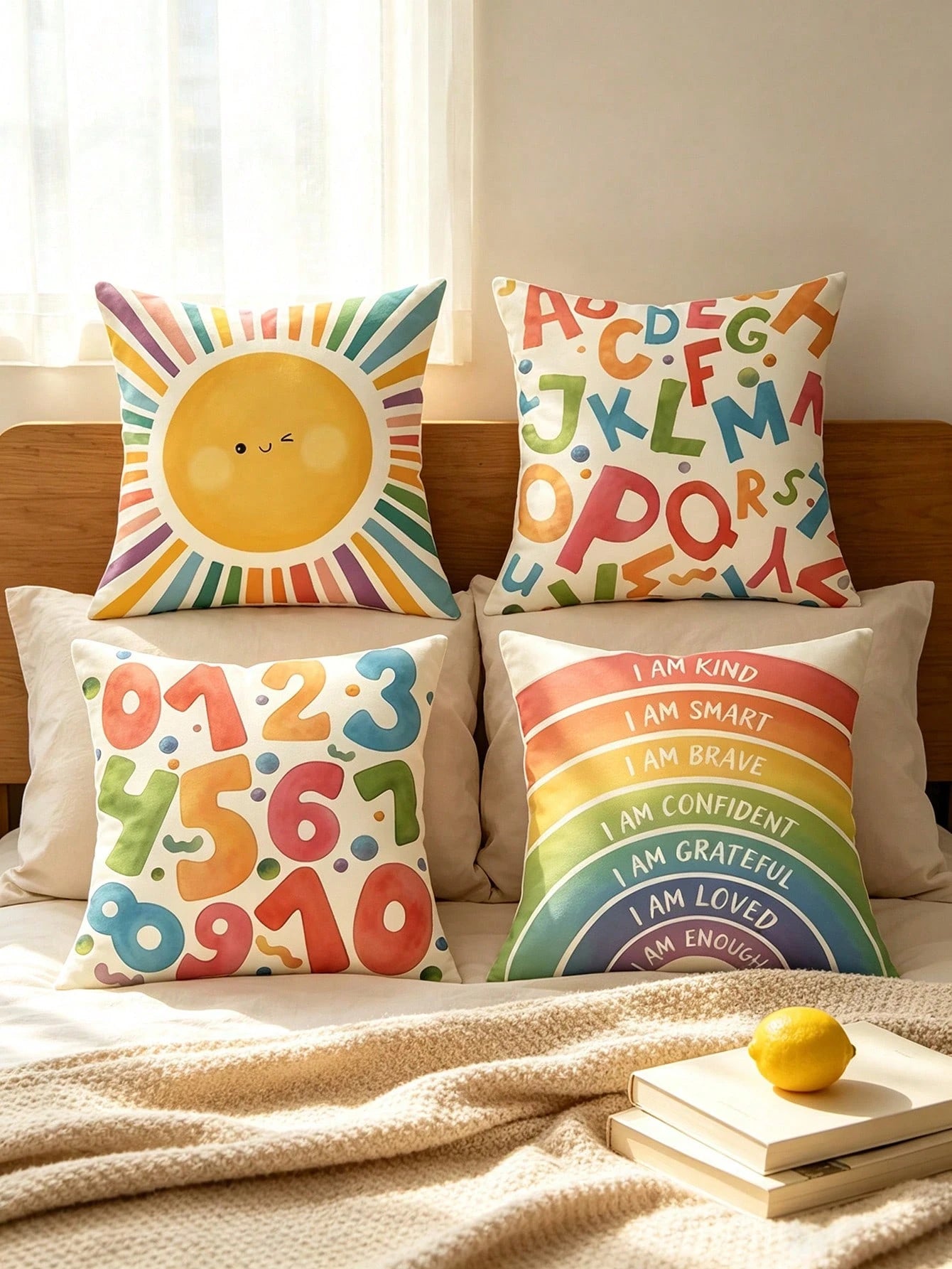4pcs Back To School Warm Healing Cartoon Pillow Covers, Hand-Drawn Smiling Face Sun Letter Number Positive Energy Rainbow Watercolor Print Pattern, Hidden Zipper Closure, Skin-Friendly Durable Machine