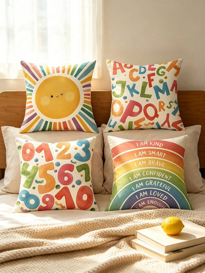 4pcs Back To School Warm Healing Cartoon Pillow Covers, Hand-Drawn Smiling Face Sun Letter Number Positive Energy Rainbow Watercolor Print Pattern, Hidden Zipper Closure, Skin-Friendly Durable Machine