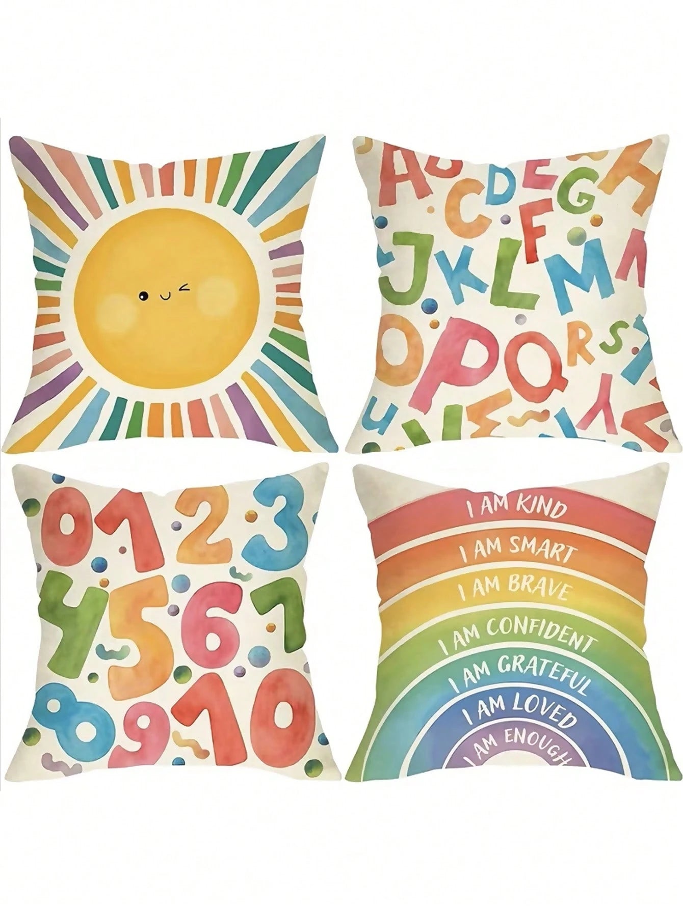 4pcs Back To School Warm Healing Cartoon Pillow Covers, Hand-Drawn Smiling Face Sun Letter Number Positive Energy Rainbow Watercolor Print Pattern, Hidden Zipper Closure, Skin-Friendly Durable Machine