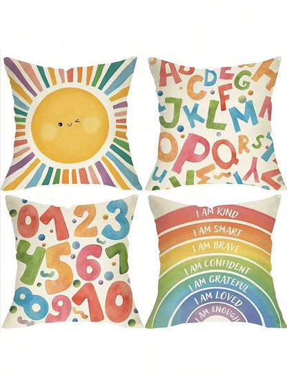 4pcs Back To School Warm Healing Cartoon Pillow Covers, Hand-Drawn Smiling Face Sun Letter Number Positive Energy Rainbow Watercolor Print Pattern, Hidden Zipper Closure, Skin-Friendly Durable Machine