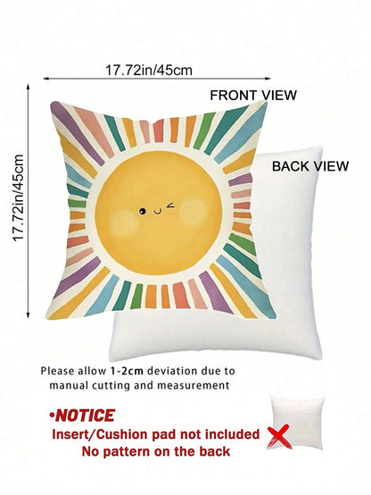 4pcs Back To School Warm Healing Cartoon Pillow Covers, Hand-Drawn Smiling Face Sun Letter Number Positive Energy Rainbow Watercolor Print Pattern, Hidden Zipper Closure, Skin-Friendly Durable Machine