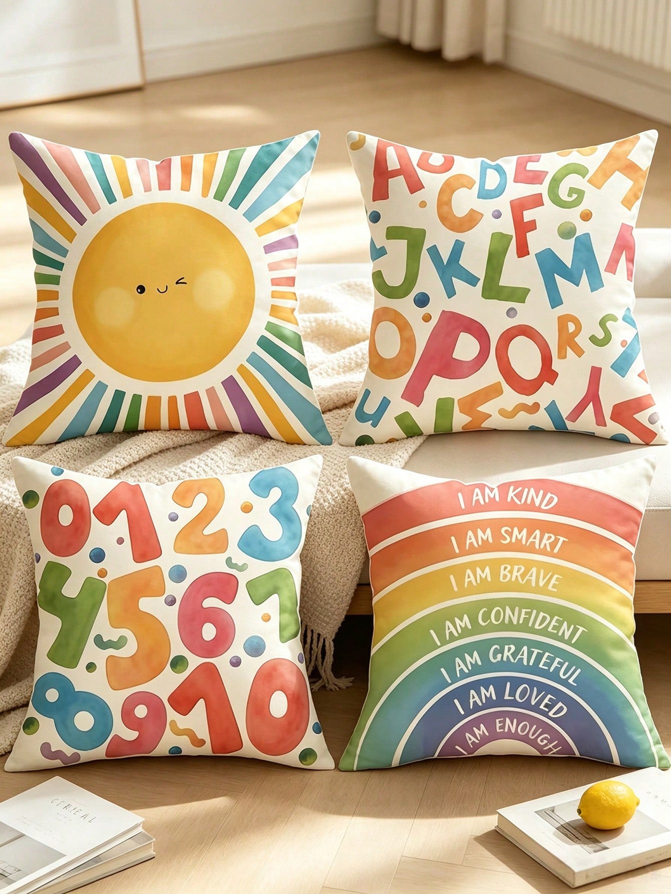 4pcs Back To School Warm Healing Cartoon Pillow Covers, Hand-Drawn Smiling Face Sun Letter Number Positive Energy Rainbow Watercolor Print Pattern, Hidden Zipper Closure, Skin-Friendly Durable Machine