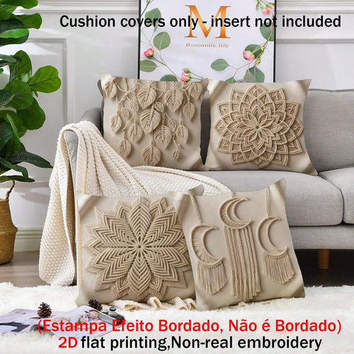 4pcs Bohemian Geometric Tassel Moon Floral Pillow Covers, Vintage Soft Color Mandala Flower Leaf Print Pattern, Single-Sided 2D Flat Printing, Non-3D Real Weaving Effect, Soft Comfortable Polyester Cu