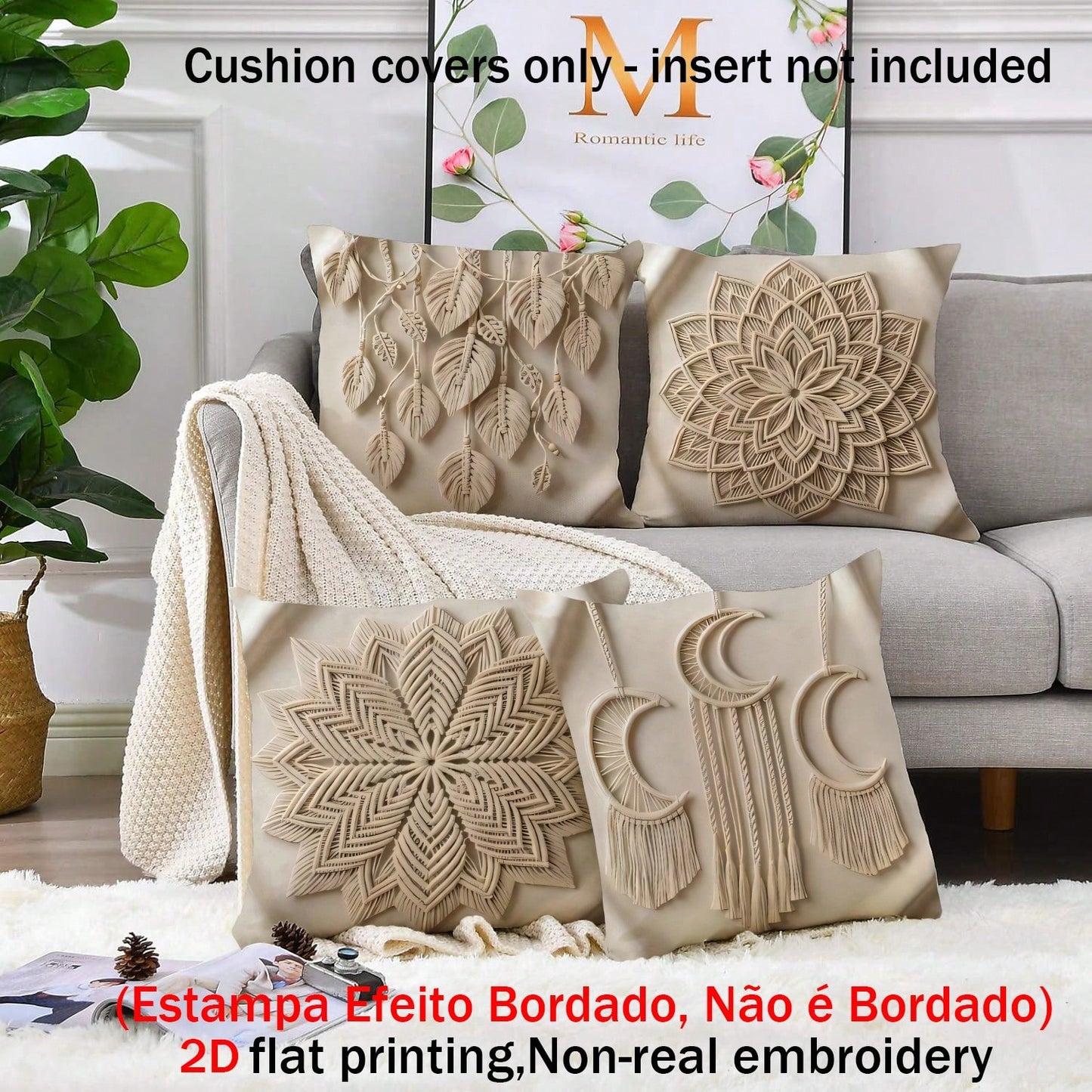 4pcs Bohemian Geometric Tassel Moon Floral Pillow Covers, Vintage Soft Color Mandala Flower Leaf Print Pattern, Single-Sided 2D Flat Printing, Non-3D Real Weaving Effect, Soft Comfortable Polyester Cu