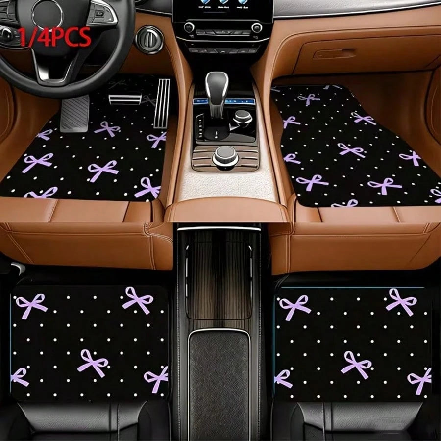 4pcs Car Floor Mats, Purple Bow Design Print, Wear-Resistant Anti-Slip Easy To Clean, Suitable For Most Car Models, Full Set Front And Rear Row Carpets, Car Trunk Mat, Interior Floor Mat, Car Decorati