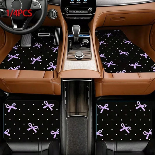 4pcs Car Floor Mats, Purple Bow Design Print, Wear-Resistant Anti-Slip Easy To Clean, Suitable For Most Car Models, Full Set Front And Rear Row Carpets, Car Trunk Mat, Interior Floor Mat, Car Decorati