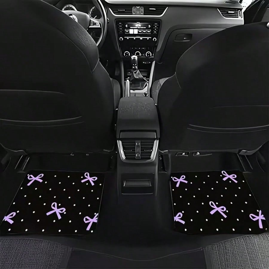 4pcs Car Floor Mats, Purple Bow Design Print, Wear-Resistant Anti-Slip Easy To Clean, Suitable For Most Car Models, Full Set Front And Rear Row Carpets, Car Trunk Mat, Interior Floor Mat, Car Decorati