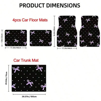 4pcs Car Floor Mats, Purple Bow Design Print, Wear-Resistant Anti-Slip Easy To Clean, Suitable For Most Car Models, Full Set Front And Rear Row Carpets, Car Trunk Mat, Interior Floor Mat, Car Decorati
