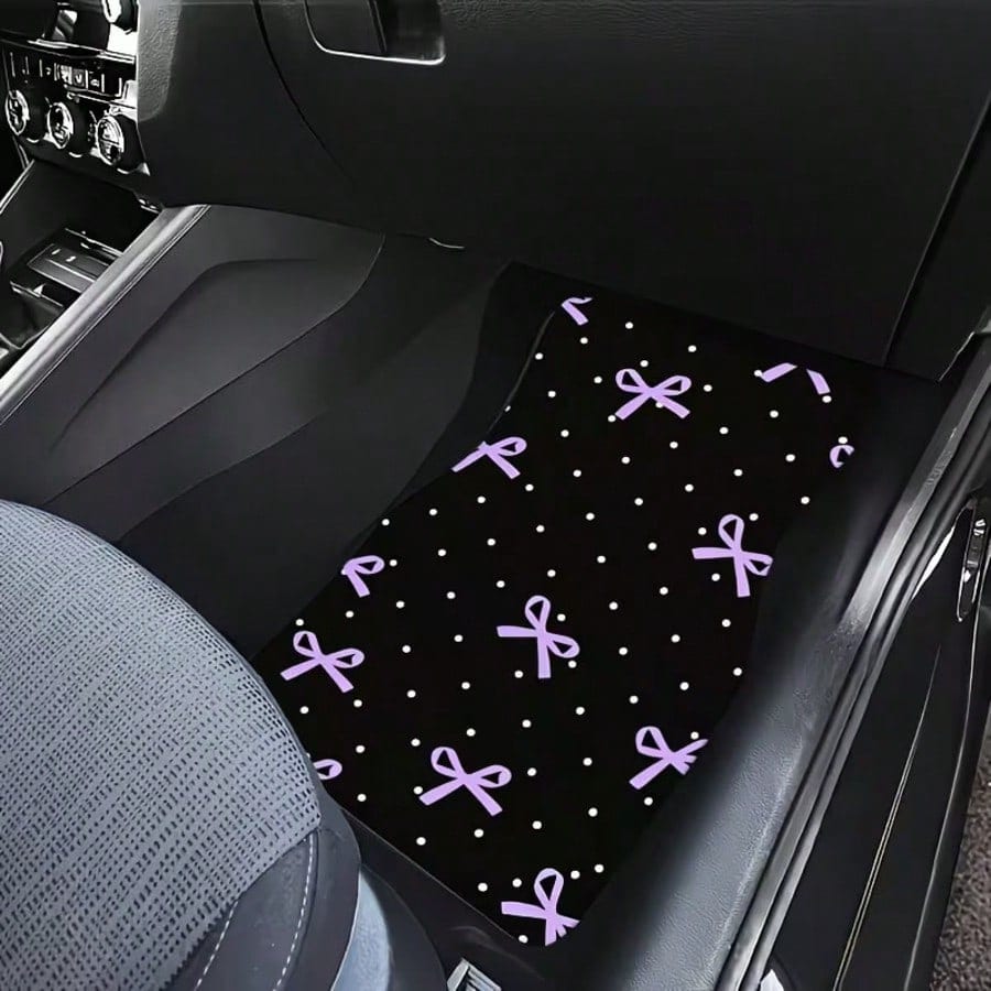 4pcs Car Floor Mats, Purple Bow Design Print, Wear-Resistant Anti-Slip Easy To Clean, Suitable For Most Car Models, Full Set Front And Rear Row Carpets, Car Trunk Mat, Interior Floor Mat, Car Decorati