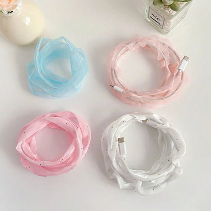 4pcs Colorful Fashionable Pleated Chiffon Cable Protector Sleeves Compatible With Apple 20W Data Cable, Multi-Color With Rhinestones