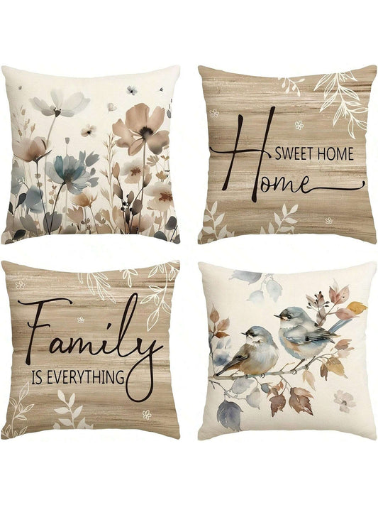4pcs Cushion Covers, Sweet Home Wood Grain Floral Print Brown Pillow Covers, Peach Velvet Hidden Zipper Single-Sided Printed Pillow Covers, No Pillow Insert, Suitable For All Seasons, Room Decor, Offi