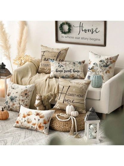 4pcs Cushion Covers, Sweet Home Wood Grain Floral Print Brown Pillow Covers, Peach Velvet Hidden Zipper Single-Sided Printed Pillow Covers, No Pillow Insert, Suitable For All Seasons, Room Decor, Offi