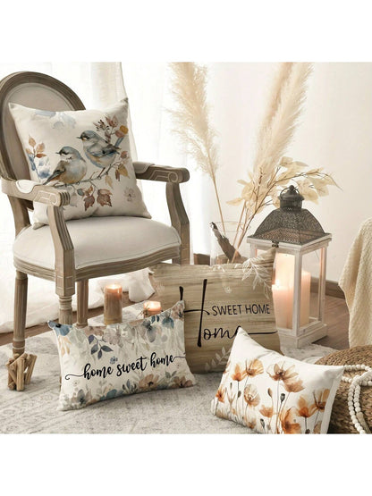 4pcs Cushion Covers, Sweet Home Wood Grain Floral Print Brown Pillow Covers, Peach Velvet Hidden Zipper Single-Sided Printed Pillow Covers, No Pillow Insert, Suitable For All Seasons, Room Decor, Offi