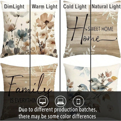 4pcs Cushion Covers, Sweet Home Wood Grain Floral Print Brown Pillow Covers, Peach Velvet Hidden Zipper Single-Sided Printed Pillow Covers, No Pillow Insert, Suitable For All Seasons, Room Decor, Offi
