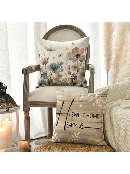 4pcs Cushion Covers, Sweet Home Wood Grain Floral Print Brown Pillow Covers, Peach Velvet Hidden Zipper Single-Sided Printed Pillow Covers, No Pillow Insert, Suitable For All Seasons, Room Decor, Offi