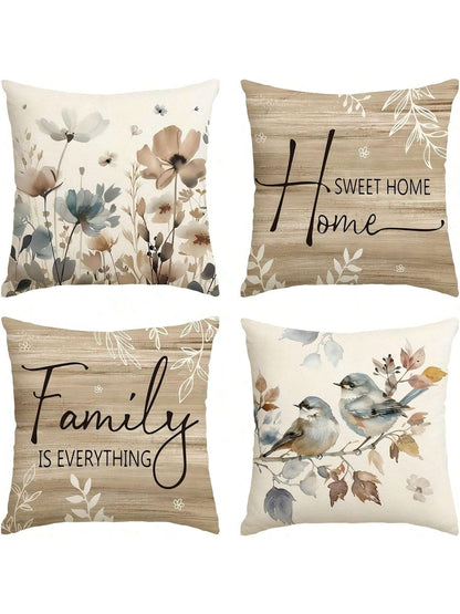 4pcs Cushion Covers, Sweet Home Wood Grain Floral Print Brown Pillow Covers, Peach Velvet Hidden Zipper Single-Sided Printed Pillow Covers, No Pillow Insert, Suitable For All Seasons, Room Decor, Offi