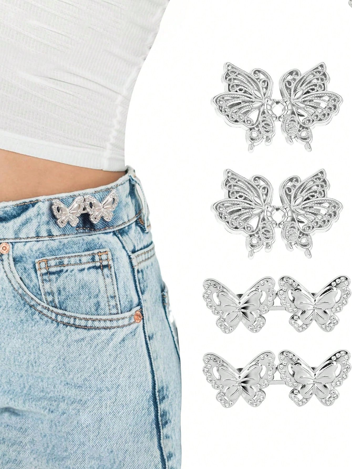 4pcs Pant Tightener, Butterfly Jeans Button Loose Jeans Waist Cinchers, Adjustable & Detachable Clips For Waist, Seamless Button Lets Jeans Fit Smaller