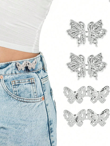 4pcs Pant Tightener, Butterfly Jeans Button Loose Jeans Waist Cinchers, Adjustable & Detachable Clips For Waist, Seamless Button Lets Jeans Fit Smaller