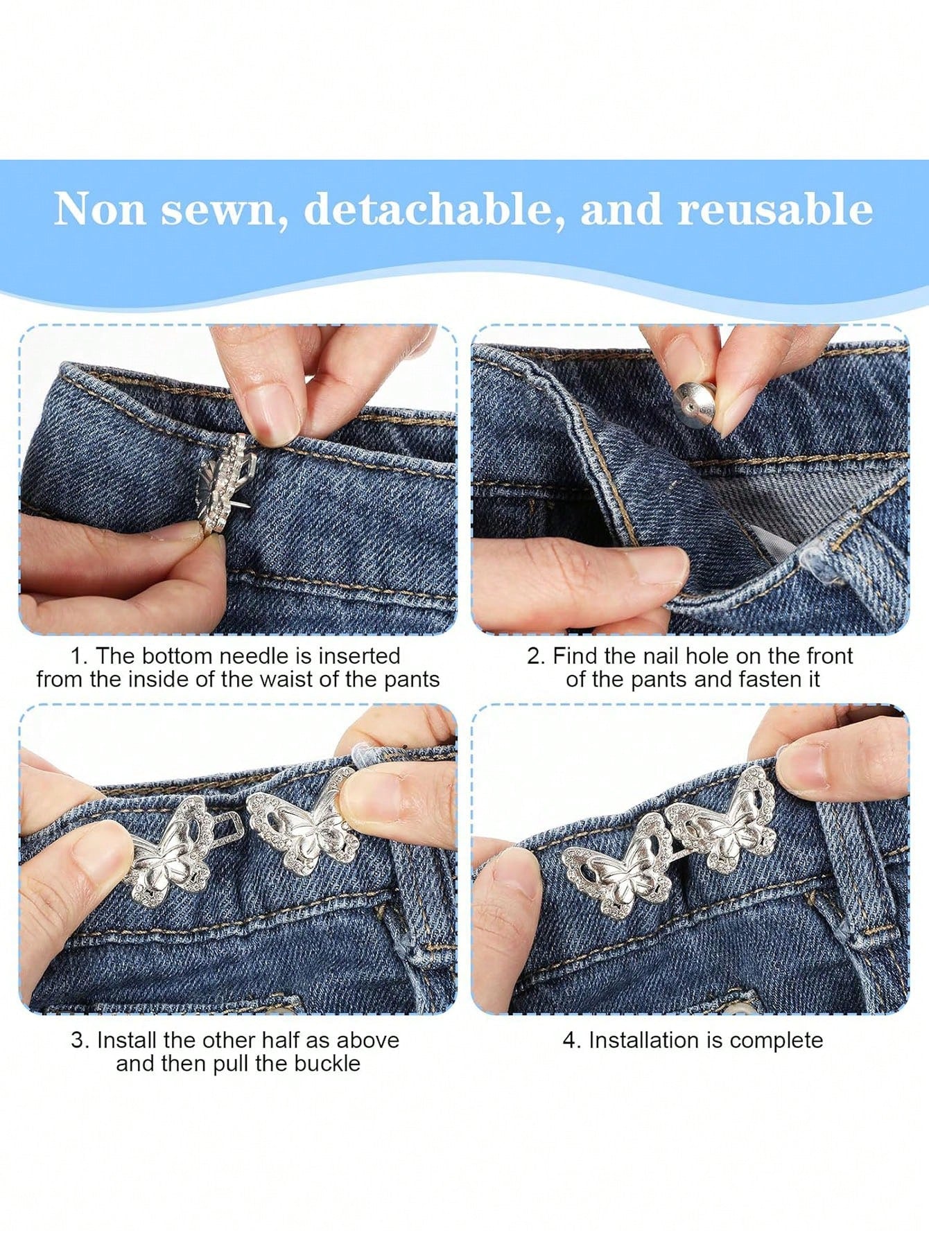 4pcs Pant Tightener, Butterfly Jeans Button Loose Jeans Waist Cinchers, Adjustable & Detachable Clips For Waist, Seamless Button Lets Jeans Fit Smaller